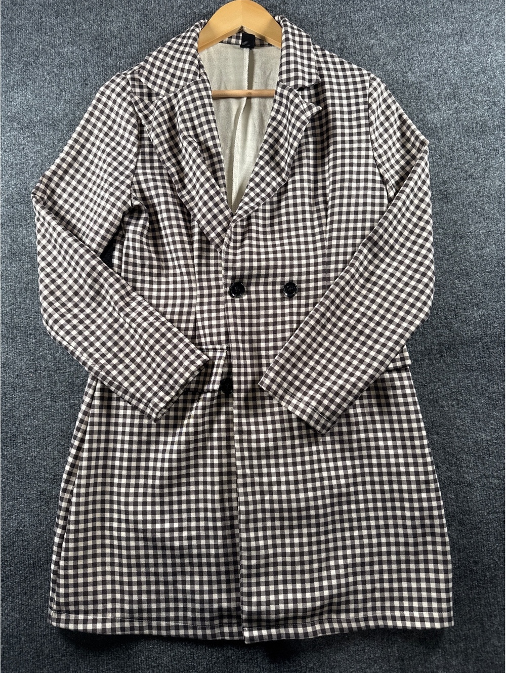 SHEIN Womens S Brown White Gingham Plaid Double Breasted Blazer Coat Longline